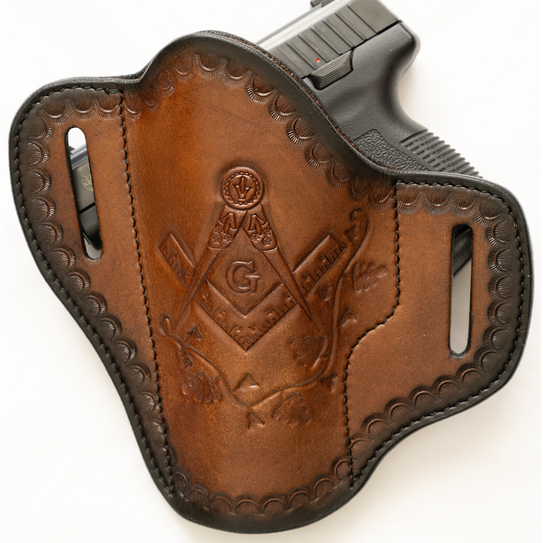 Masonic Hand-Tooled Leather Gun Holster | OWB Open Top Multi Fit Leather Belt Pistol Holster | Square and Compass with Vine Pattern