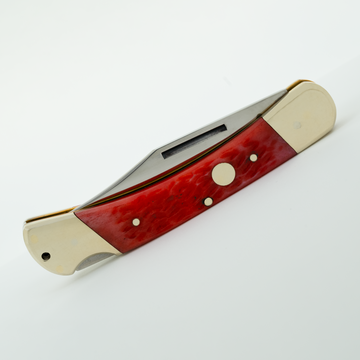 Hunter's Edge Senior RBJ 5”, Handmade and Hand-Polished Sabre Clip Blade Knife with Red Jigged Bone Handle