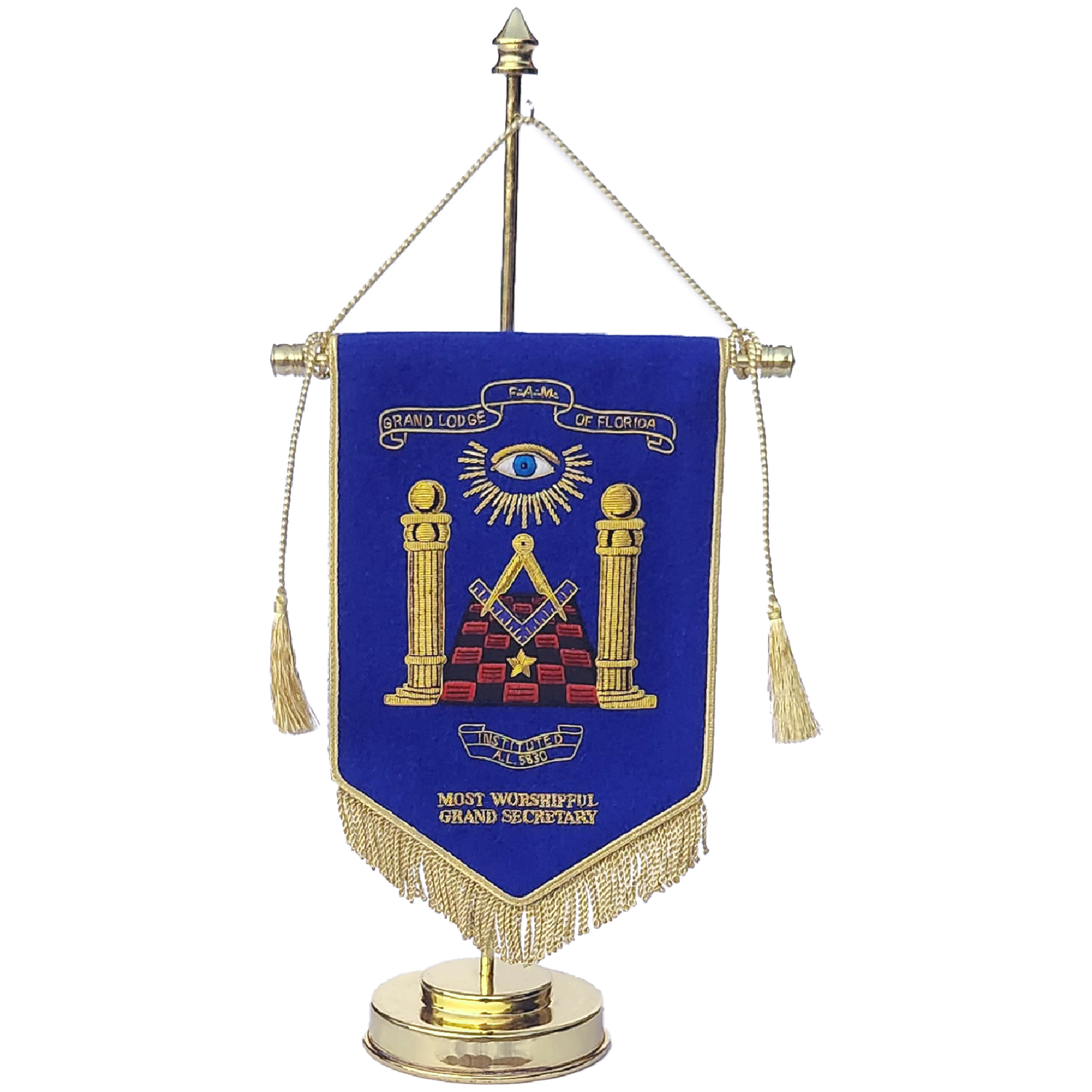 Grand Lodge of Florida - Hand Embroidered Officers Pennant with Stand and Rope Tassels