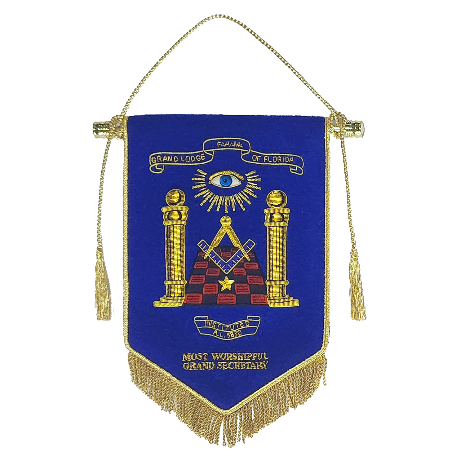 Grand Lodge of Florida - Hand Embroidered Officers Pennant with Stand and Rope Tassels