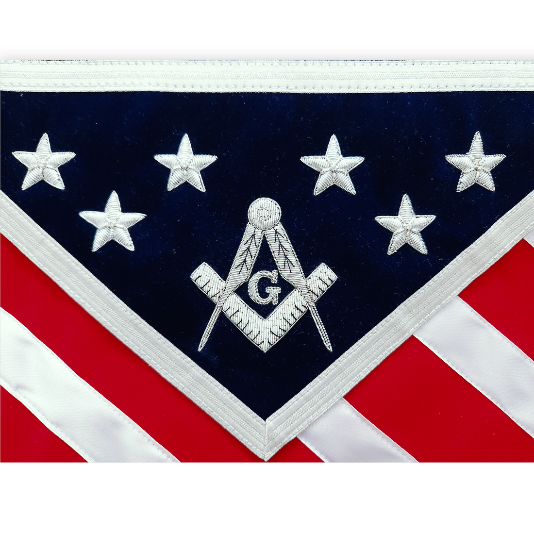 Master Mason Blue Lodge American Flag Apron | Hand-Embroidered Silver Bullion Stars & Square and Compass on Navy Blue Velvet
