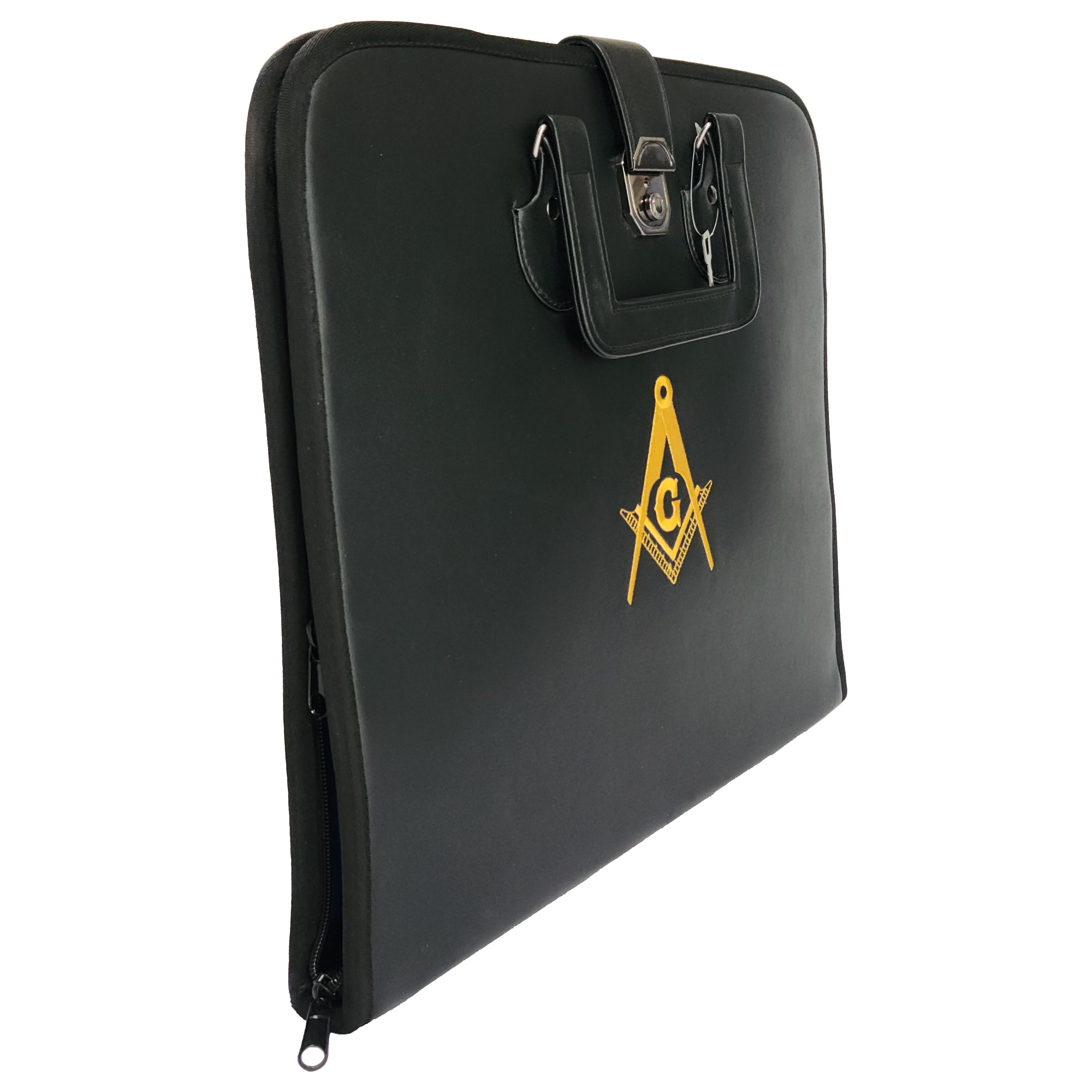 Masonic Black Apron Case - Machine Embroidery on Black Faux Leather