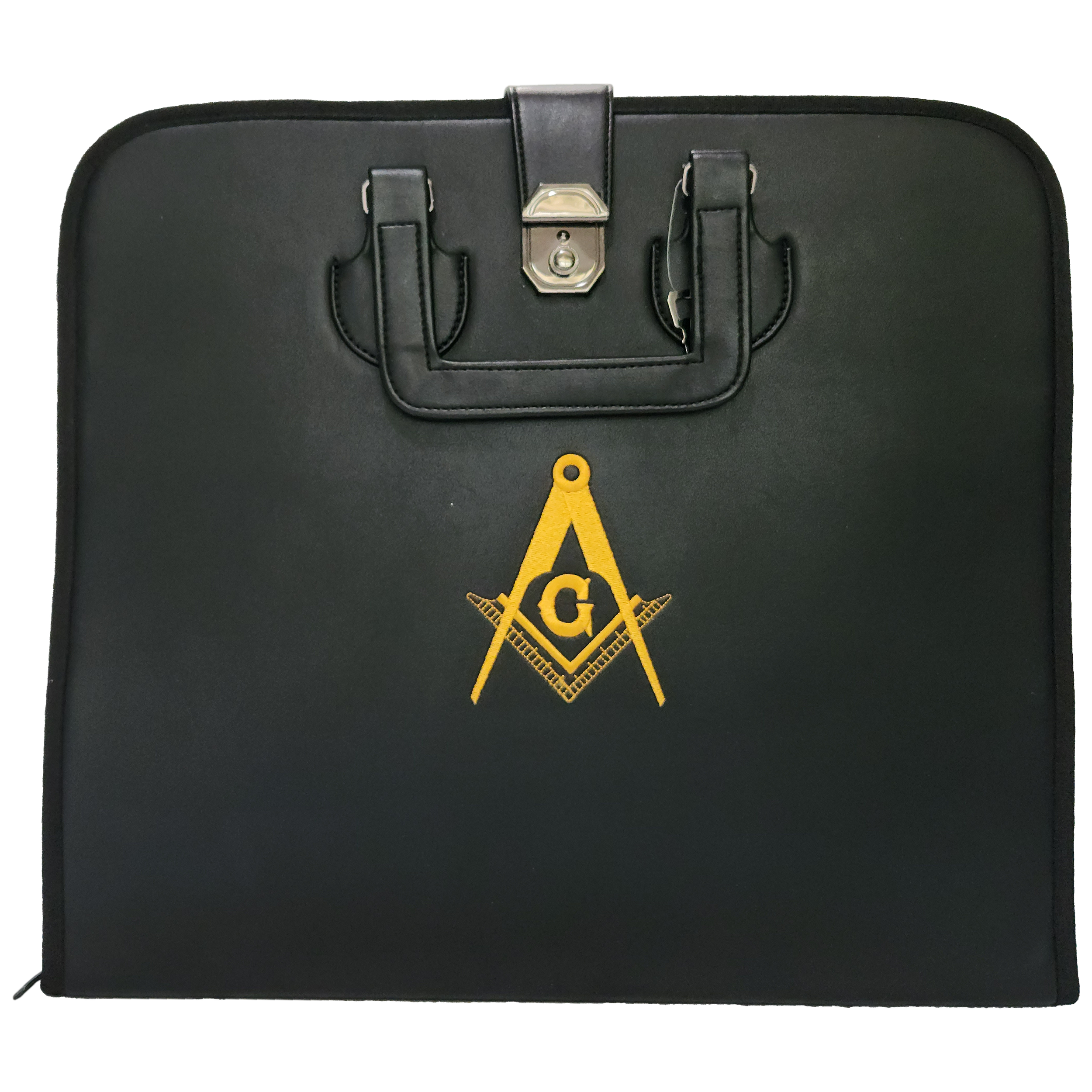 Masonic Black Apron Case - Machine Embroidery on Black Faux Leather