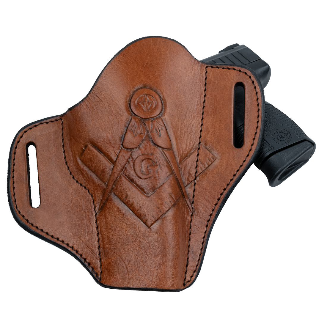 Masonic Right-Handed Hand-Tooled Leather Gun Holster | OWB Open Top Multi Fit Leather Belt Pistol Holster | Square and Compass Design