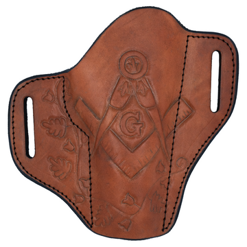 Masonic Right-Handed Hand-Tooled Leather Gun Holster | OWB Open Top Multi Fit Leather Belt Pistol Holster | Square and Compass Vine Design