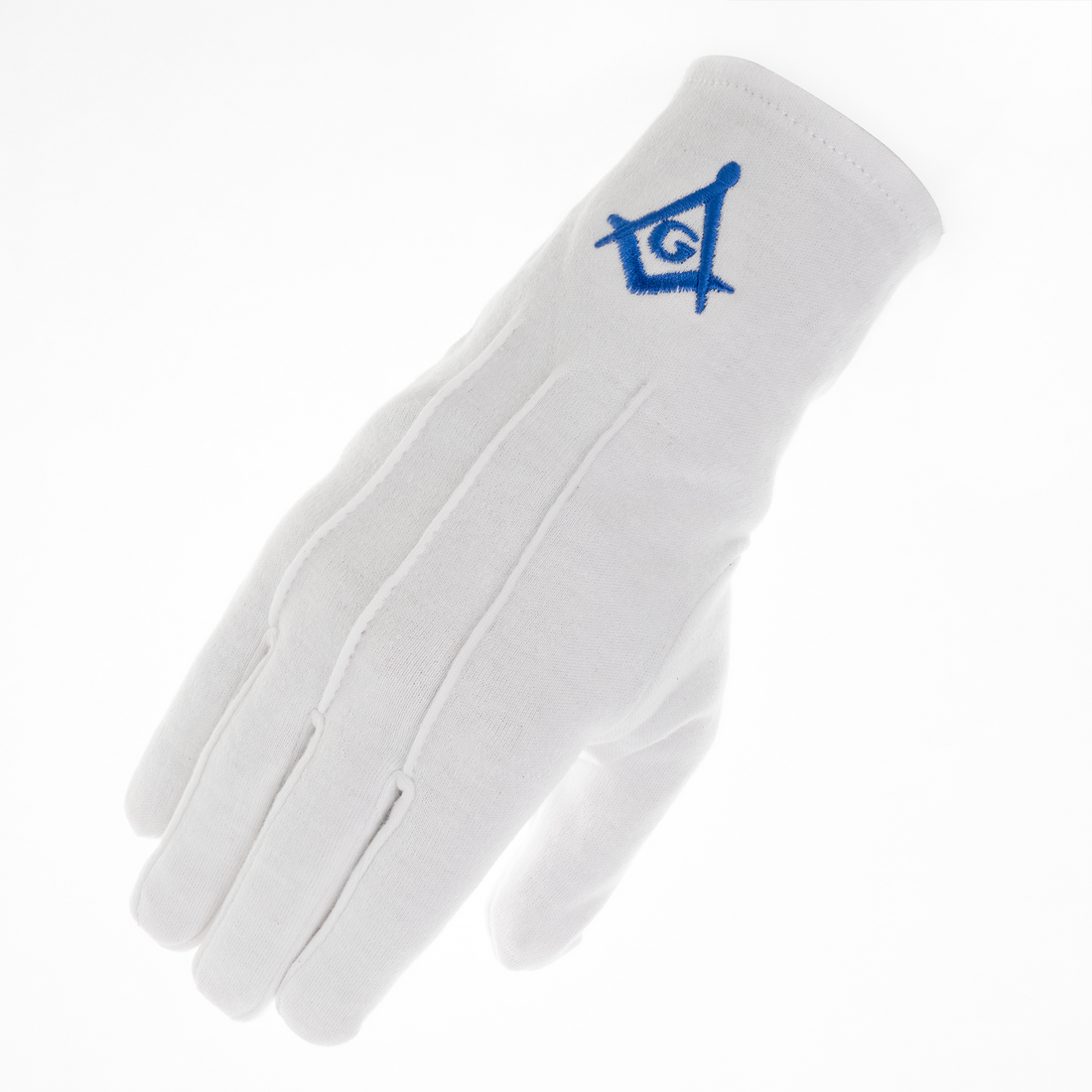 White Cotton Masonic Gloves with Blue Square & Compass – Embroidered Regalia Gloves for Ceremonies & Ritual Use