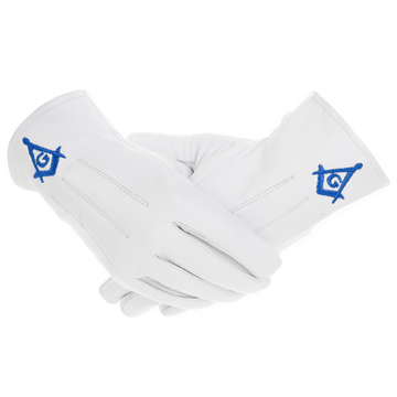 Lined White Lambskin Leather Gloves with Blue Square & Compass Embroidery