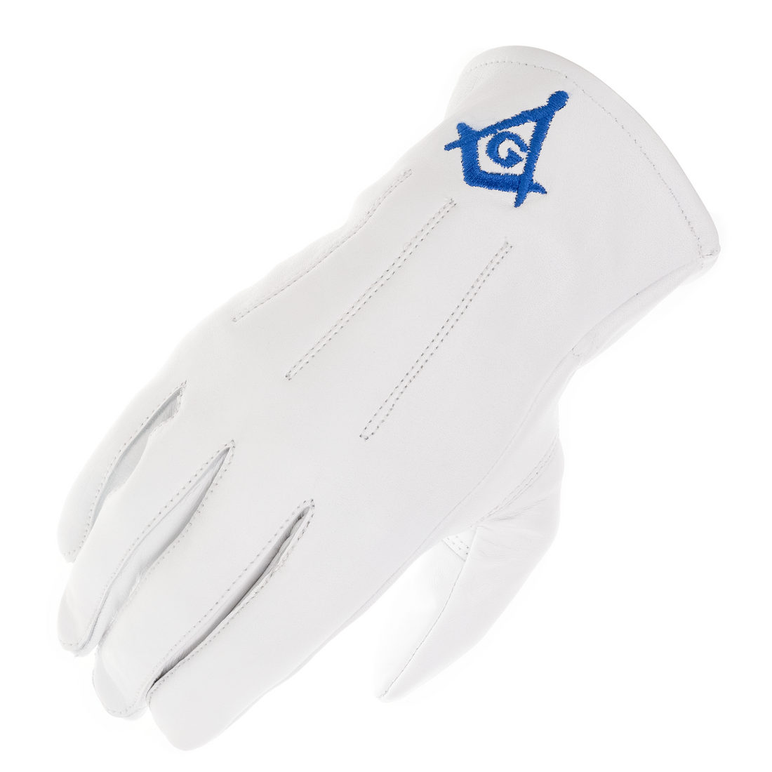 Unlined White Lambskin Leather Gloves with Blue Square & Compass Embroidery