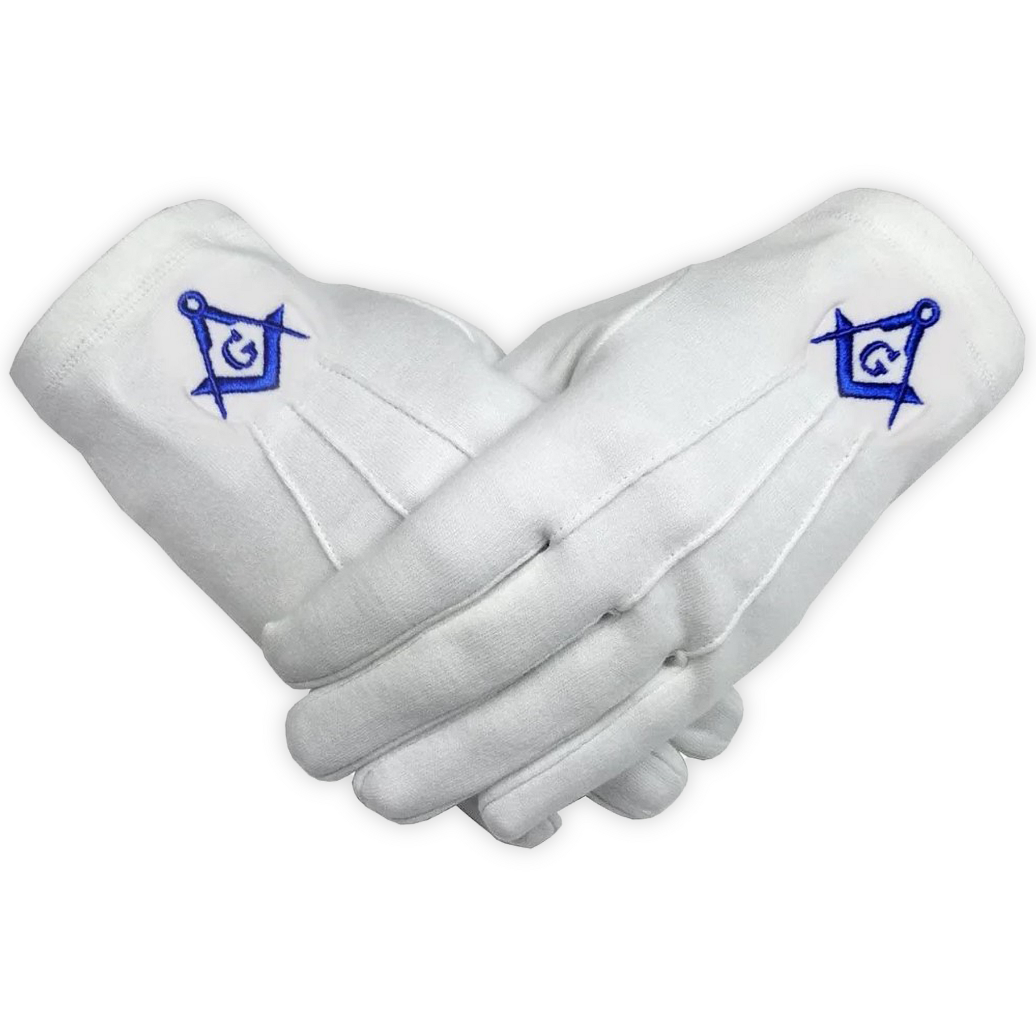 White Cotton Masonic Gloves with Blue Square & Compass – Embroidered Regalia Gloves for Ceremonies & Ritual Use