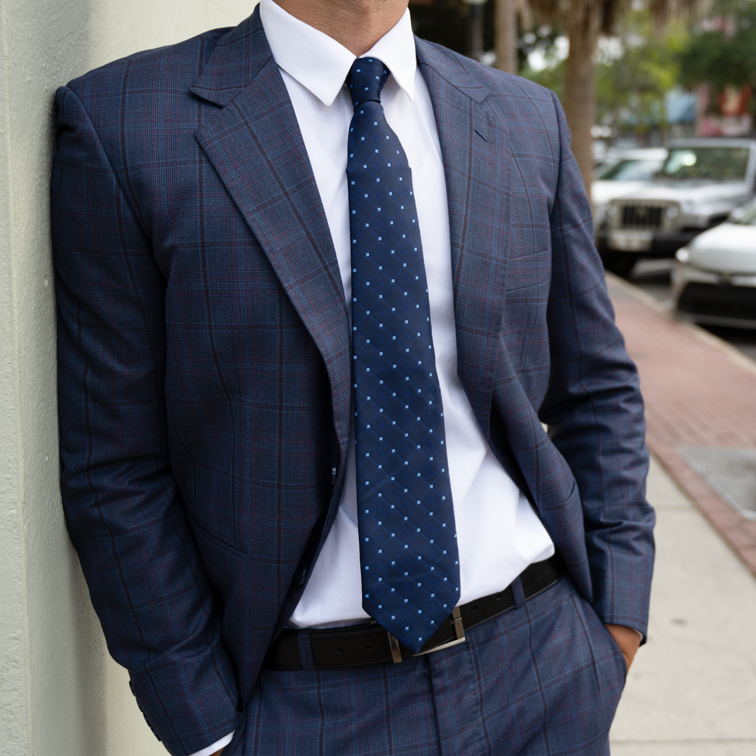 Navy Blue Masonic Tie – Diamond-Check Pattern with Sky Blue Accent – Square & Compass Design