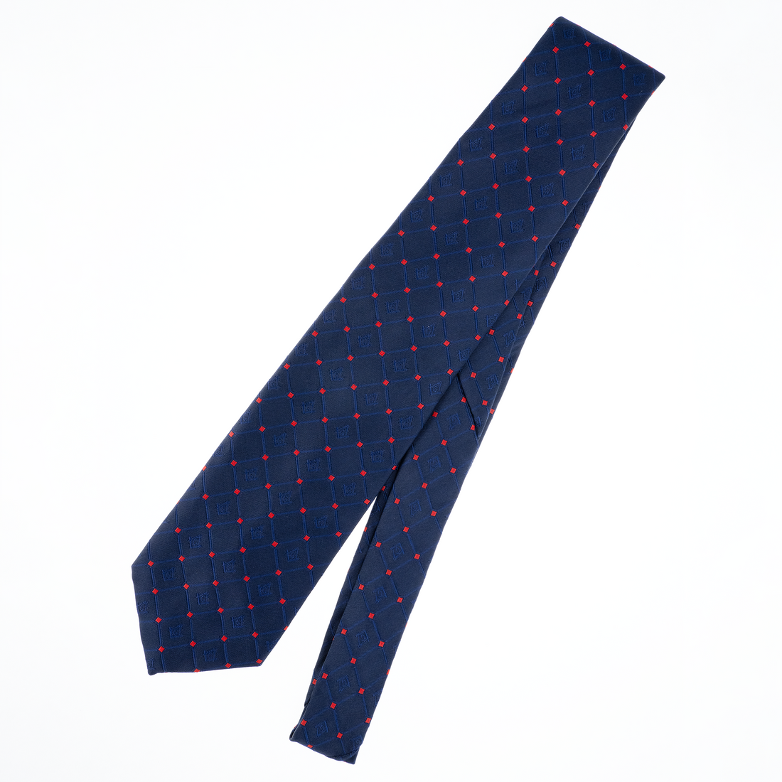 Navy Blue Masonic Tie – Diamond-Check Pattern with Red Accents – Square & Compass Design