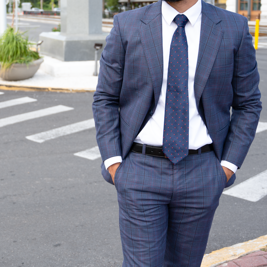 Navy Blue Masonic Tie – Diamond-Check Pattern with Red Accents – Square & Compass Design