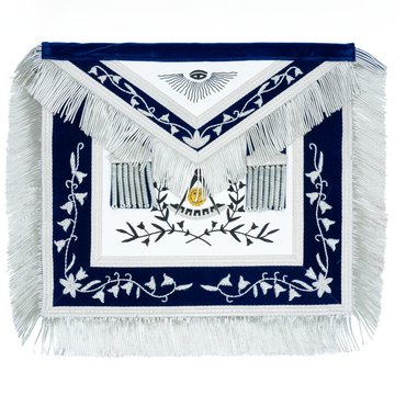 Past Master Masonic Apron – Hand-Embroidered Silver Bullion & Black Thread Design – Blue Velvet with Silver Fringe Detailing