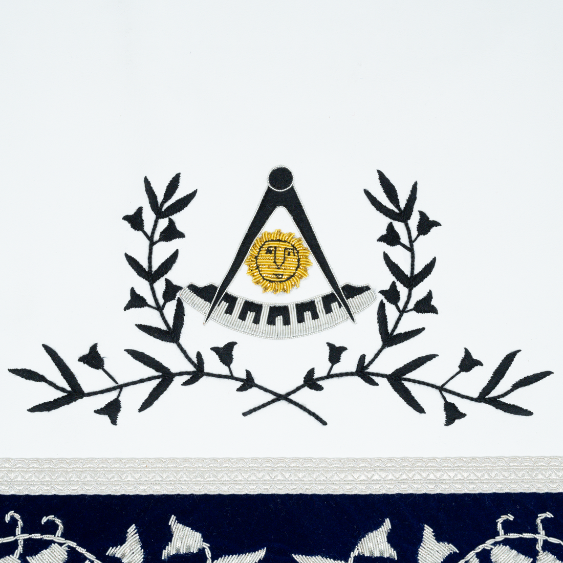 Past Master Masonic Apron |  Hand-Embroidered Silver  Bullion & Black Thread Design | Blue Velvet with Silver Fringe Detailing