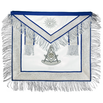 Past Master Masonic Apron – Hand-Embroidered Silver Bullion Design with Deep Blue Velvet & Ornate Silver Lace & Fringe