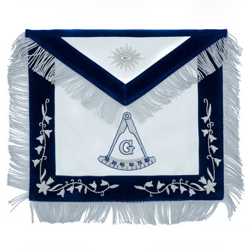 Past Master Apron | Hand-Embroidered Silver Bullion Vines & Raiders Past Master Symbol - Elegant Masonic Regalia