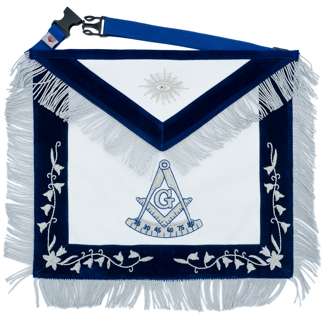 Past Master Blue Lodge Apron – Hand-Embroidered Silver Bullion Vines & Raiders Past Master Symbol – Elegant Masonic Regalia