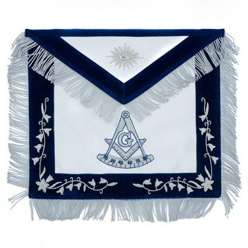 Past Master Blue Lodge Apron – Hand-Embroidered Silver Bullion Vines & Raiders Past Master Symbol – Elegant Masonic Regalia