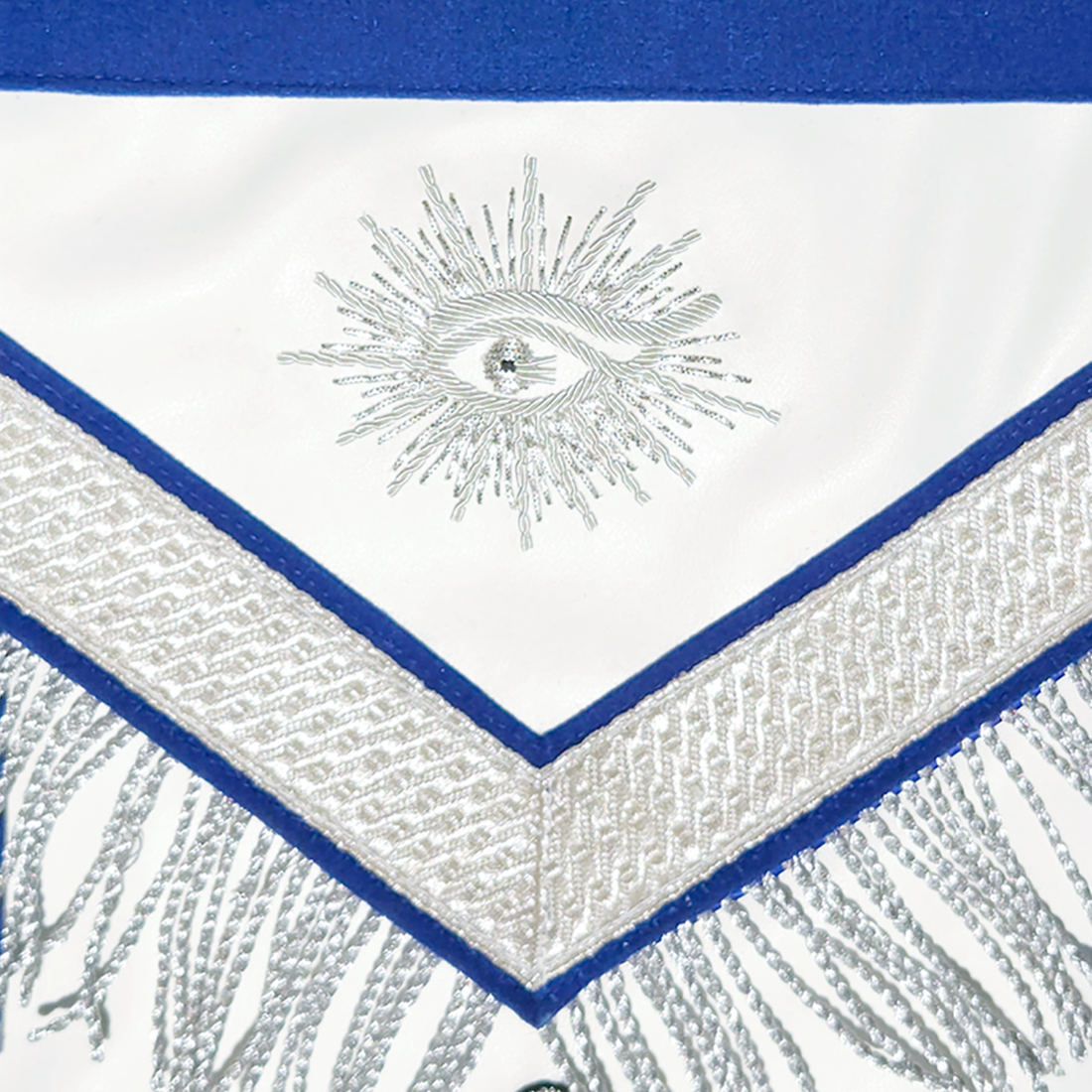 Past Master Masonic Apron |  Hand-Embroidered Silver  Bullion Design with Deep Blue Velvet & Ornate Silver Lace & Fringe
