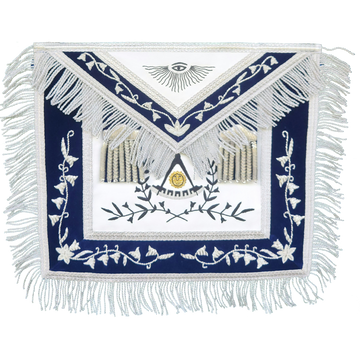 Past Master Masonic Apron – Hand-Embroidered Silver Bullion & Black Thread Design – Blue Velvet with Silver Fringe Detailing