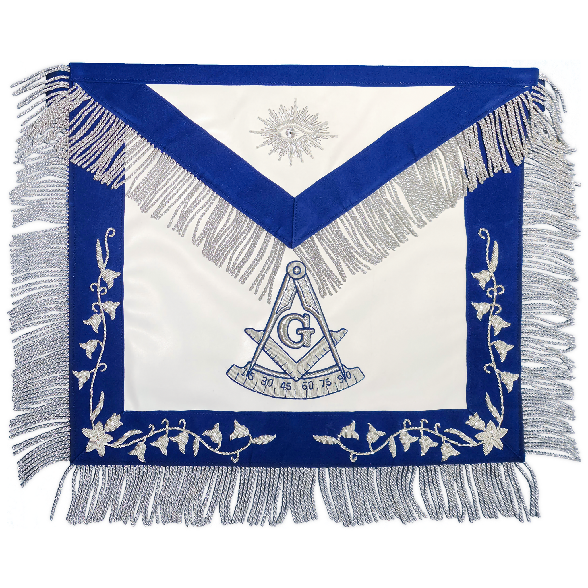 Past Master Blue Lodge Apron – Hand-Embroidered Silver Bullion Vines & Raiders Past Master Symbol – Elegant Masonic Regalia