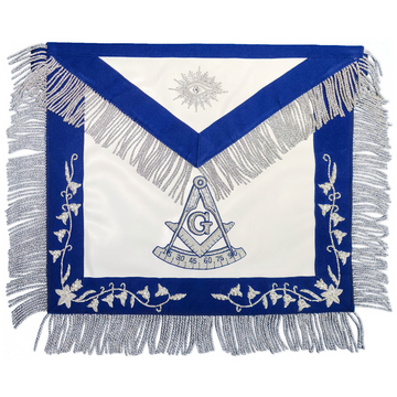 Past Master Blue Lodge Apron – Hand-Embroidered Silver Bullion Vines & Raiders Past Master Symbol – Elegant Masonic Regalia