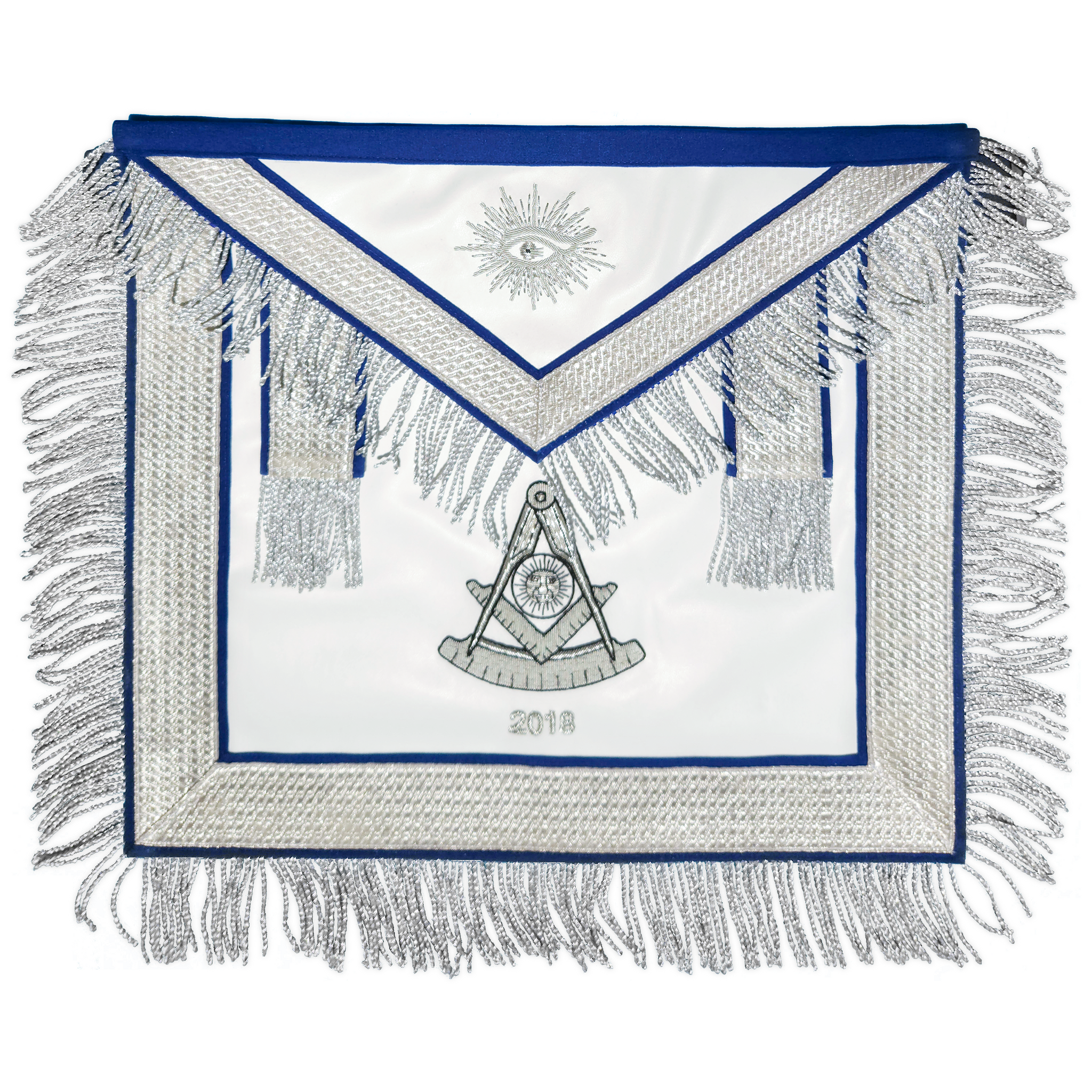 Freemason Past Master apron featuring silver bullion embroidery with black thread shading for a rich design.