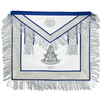 Freemason Past Master apron featuring silver bullion embroidery with black thread shading for a rich design.