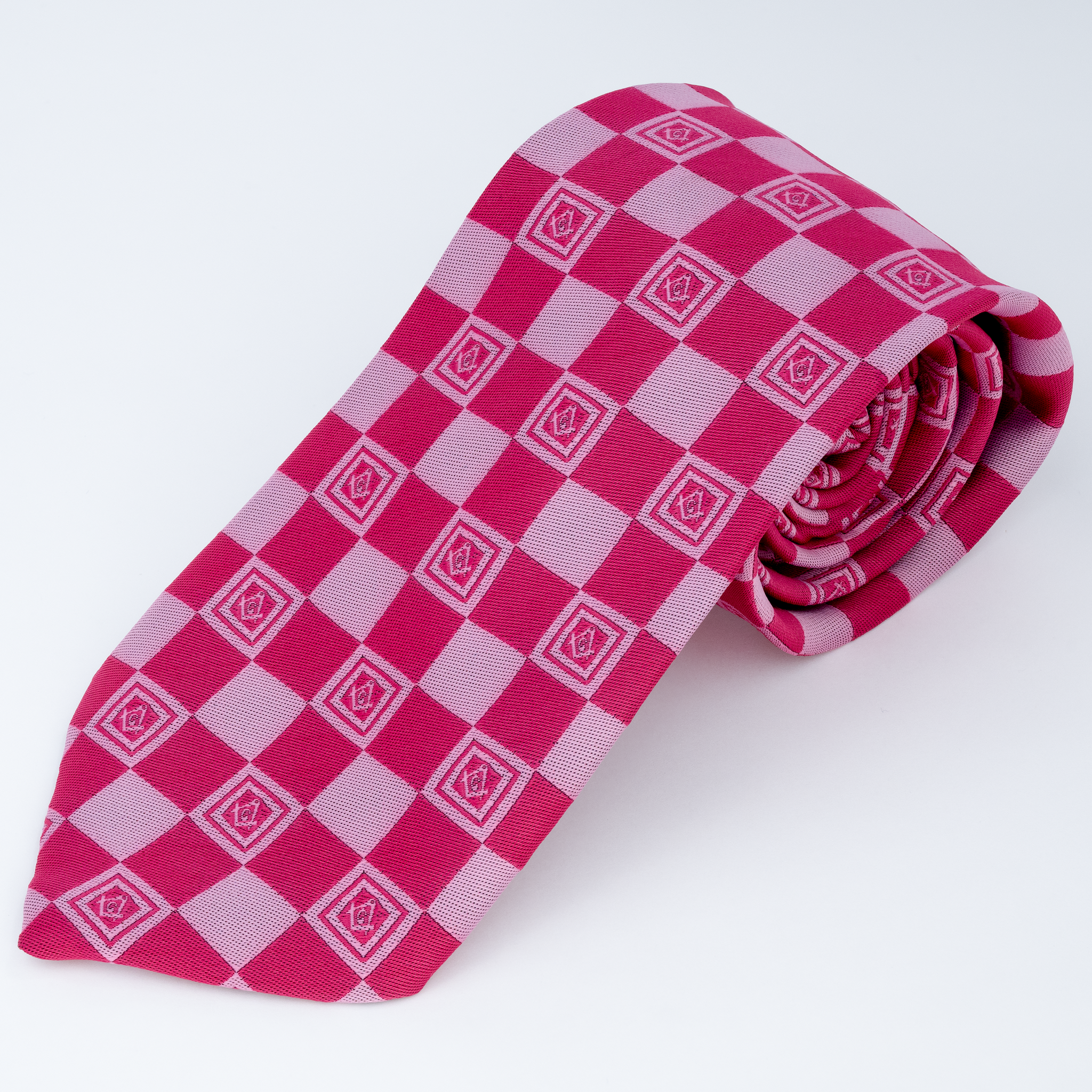 Pink Masonic Tie – Geometric Square Pattern with Square & Compass Design