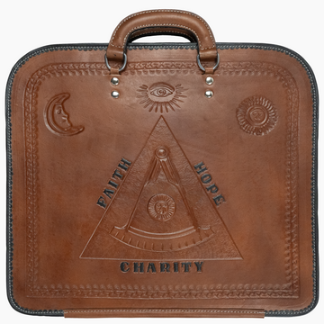 Pyramidic Expression Hand |  Carved Brown Leather Apron  Case | Exquisite Masonic Craftsmanship, Symbolic Engraving & Premium Materials | Master Mason Size