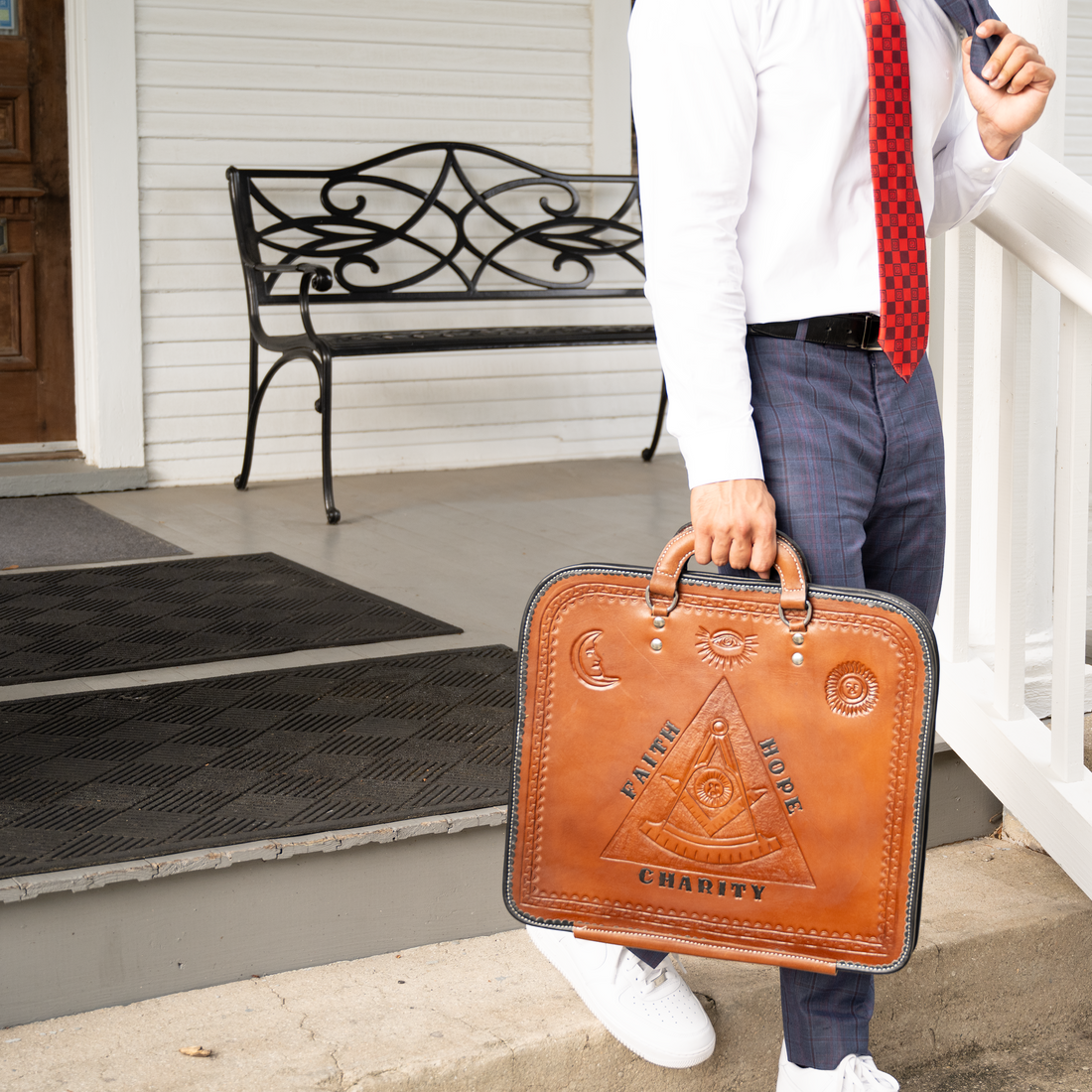 Pyramidic Expression Hand |  Carved Brown Leather Apron  Case | Exquisite Masonic Craftsmanship, Symbolic Engraving & Premium Materials | Master Mason Size