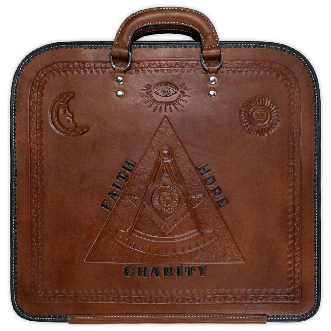 Pyramidic Expression Hand-Carved Brown Leather Apron Case – Exquisite Masonic Craftsmanship, Symbolic Engraving & Premium Materials