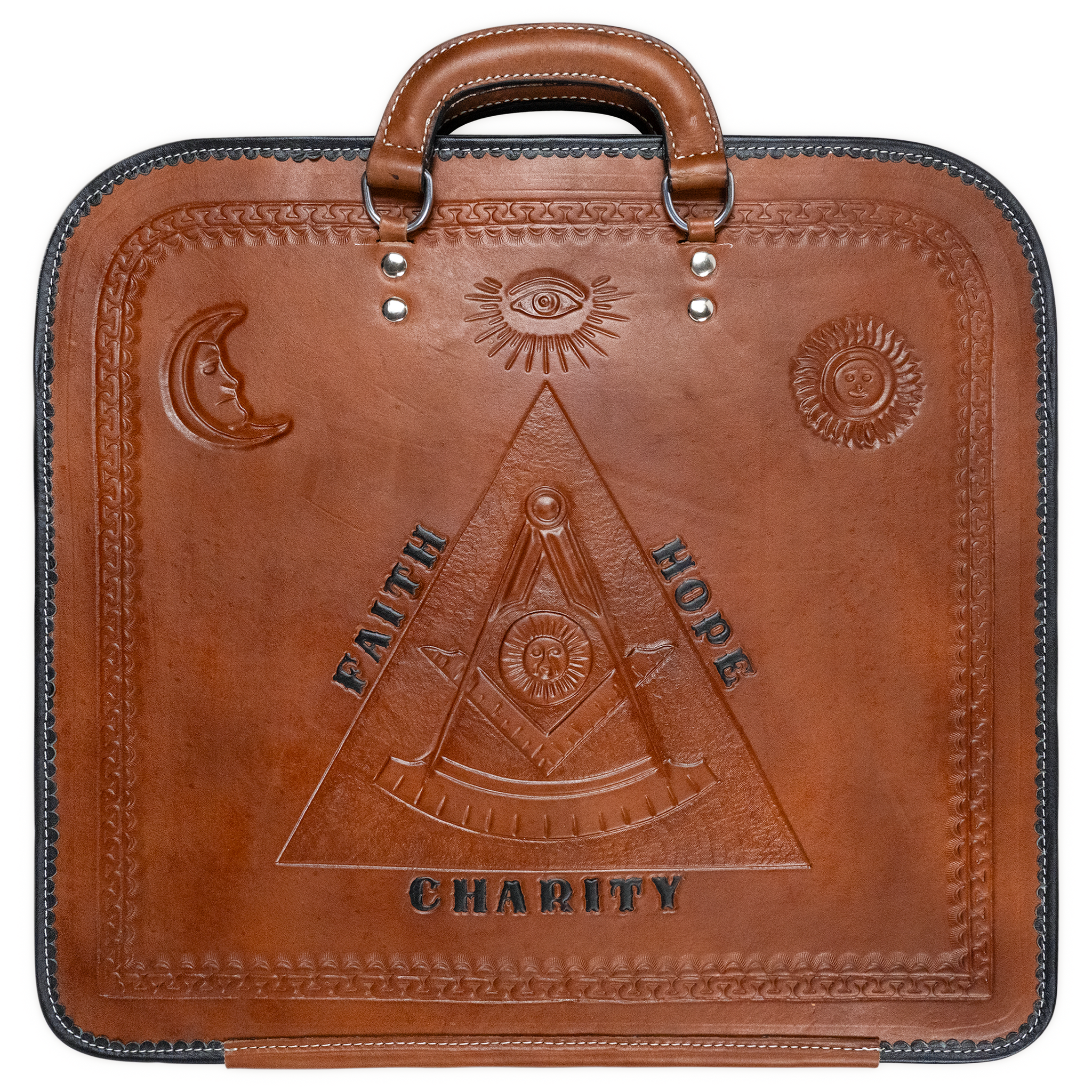 Pyramidic Expression Hand-Carved Brown Leather Apron Case – Exquisite Masonic Craftsmanship, Symbolic Engraving & Premium Materials