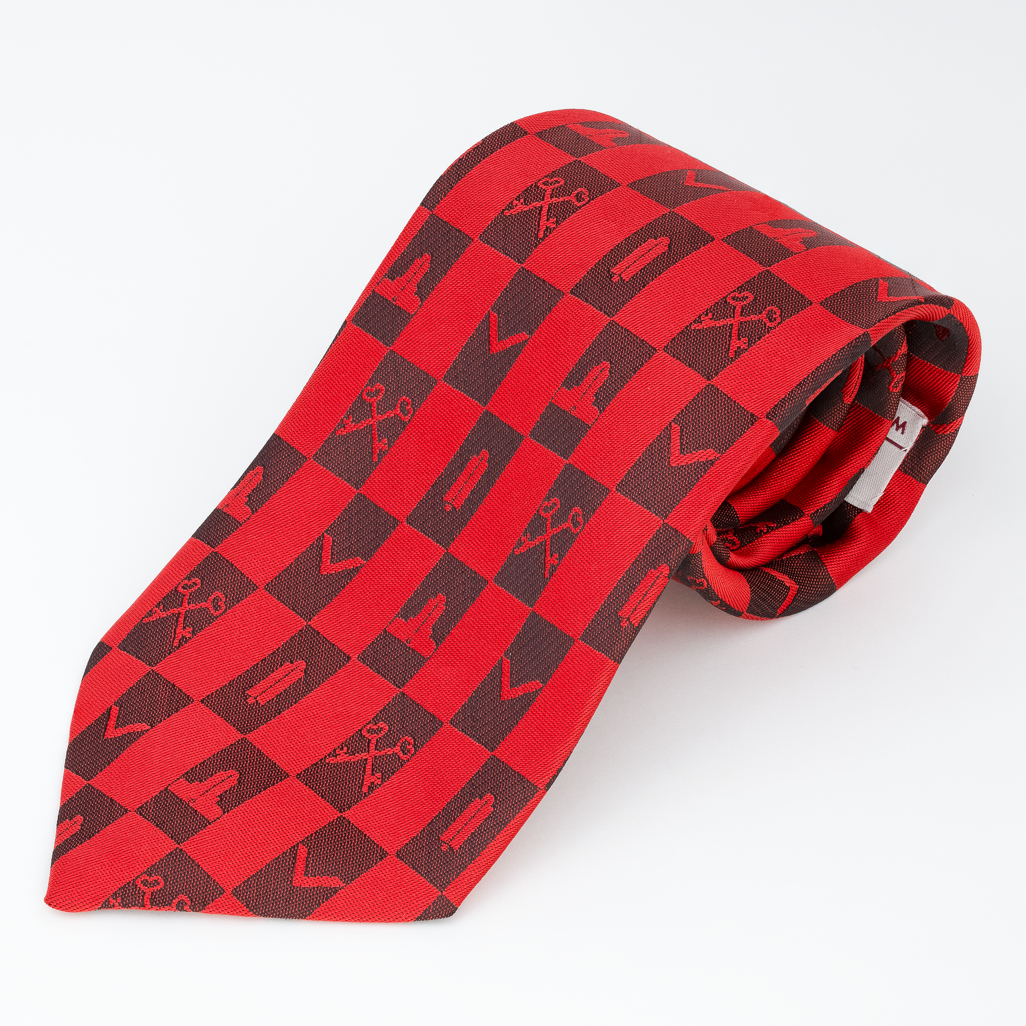 Red Masonic Tie – Architectural Block Pattern with Masonic Working Tools Design