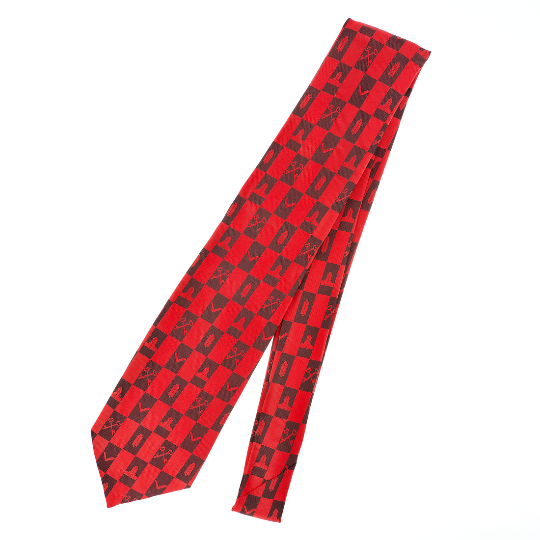Red Masonic Tie – Architectural Block Pattern with Masonic Working Tools Design