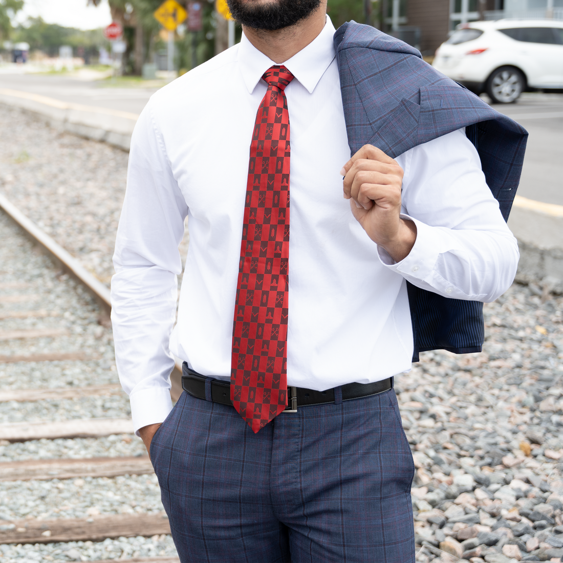 Red Masonic Tie – Architectural Block Pattern with Masonic Working Tools Design