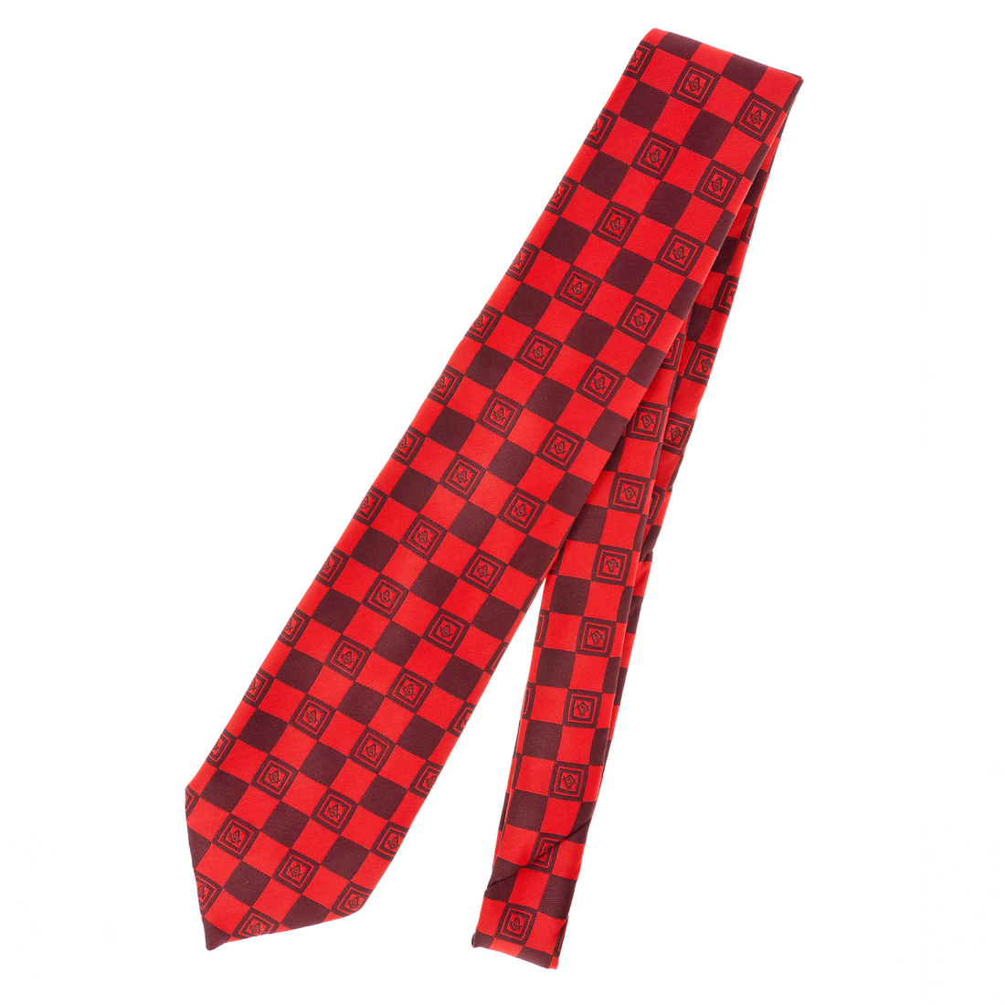 Red Masonic Tie – Geometric Square Pattern with Square & Compass Design
