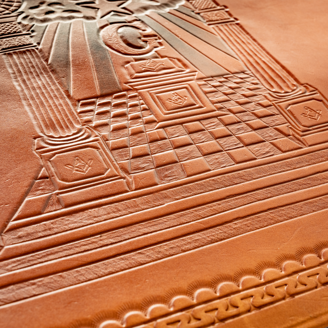 Hand-Tooled Brown Leather Masonic Apron Case – Three Steps, Holy Bible, Letter G, Five-Point Star, Boaz & Jachin Columns & All-Seeing Eye