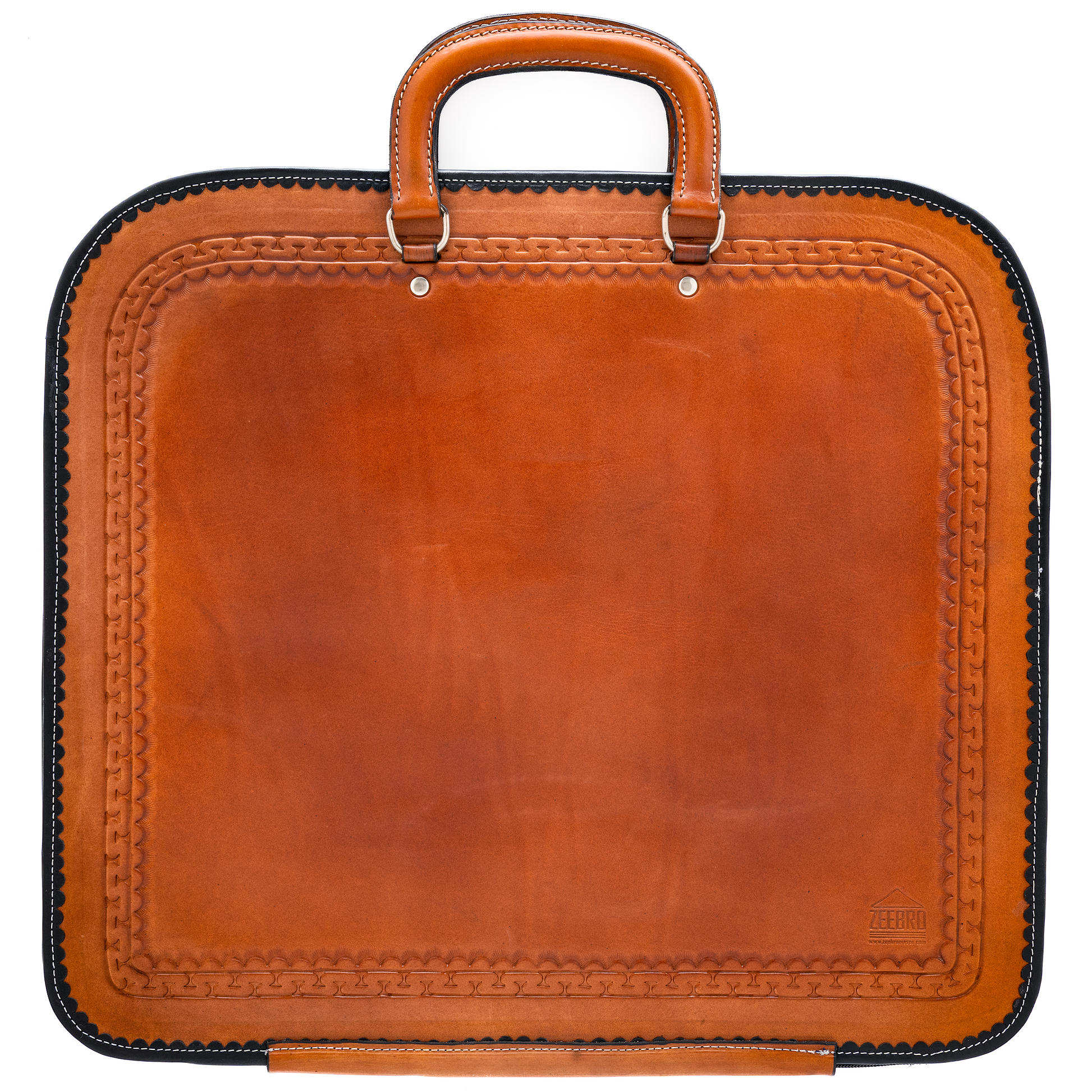 Blue velvet lined Masonic leather apron case with storage for apron, collar, gloves and officer jewel.