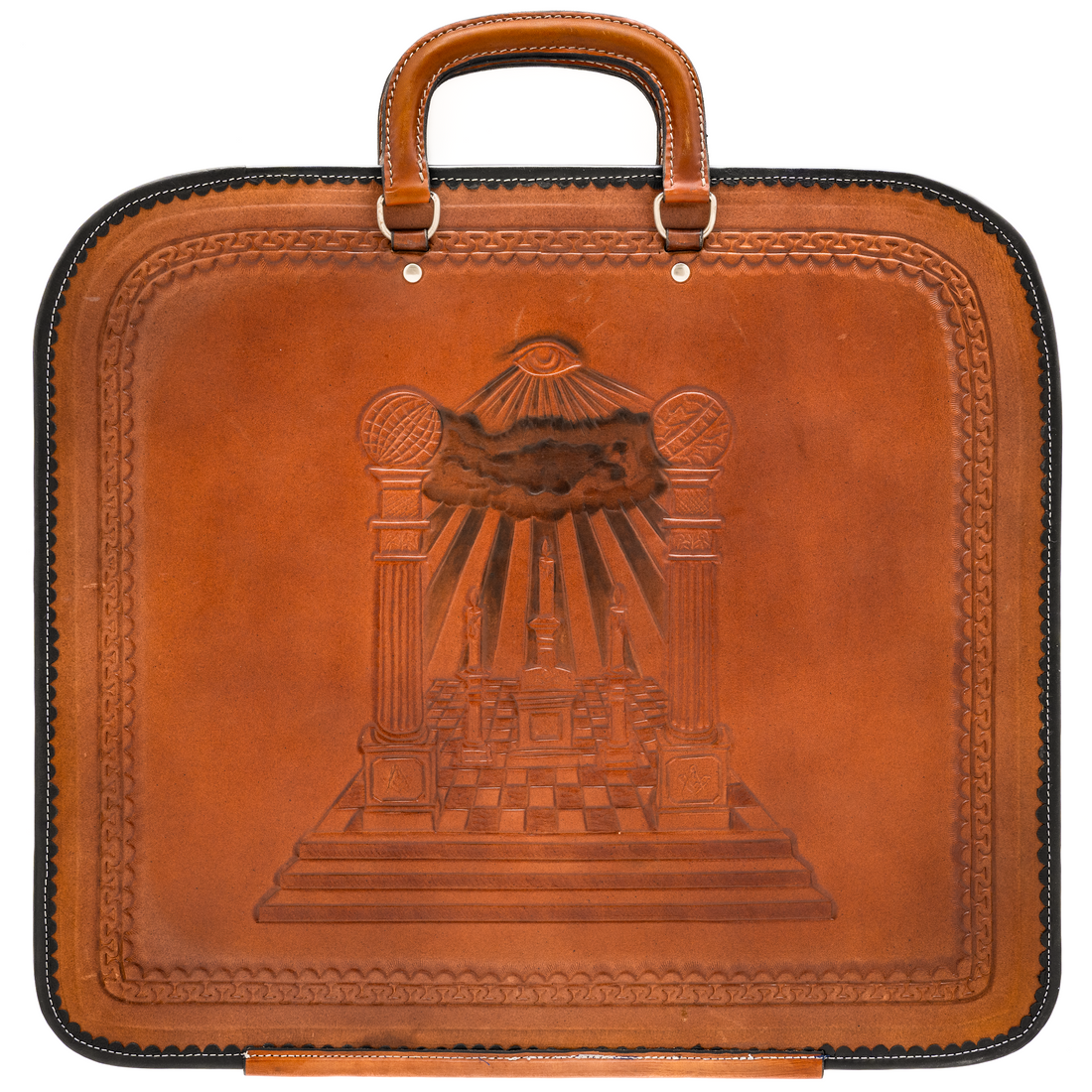 Hand-tooled brown leather Masonic apron case with Boaz & Jachin Columns, three candles, Masonic altar, and all-seeing-eye