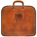 Hand-tooled brown leather Masonic apron case with Boaz & Jachin Columns, three candles, Masonic altar, and all-seeing-eye