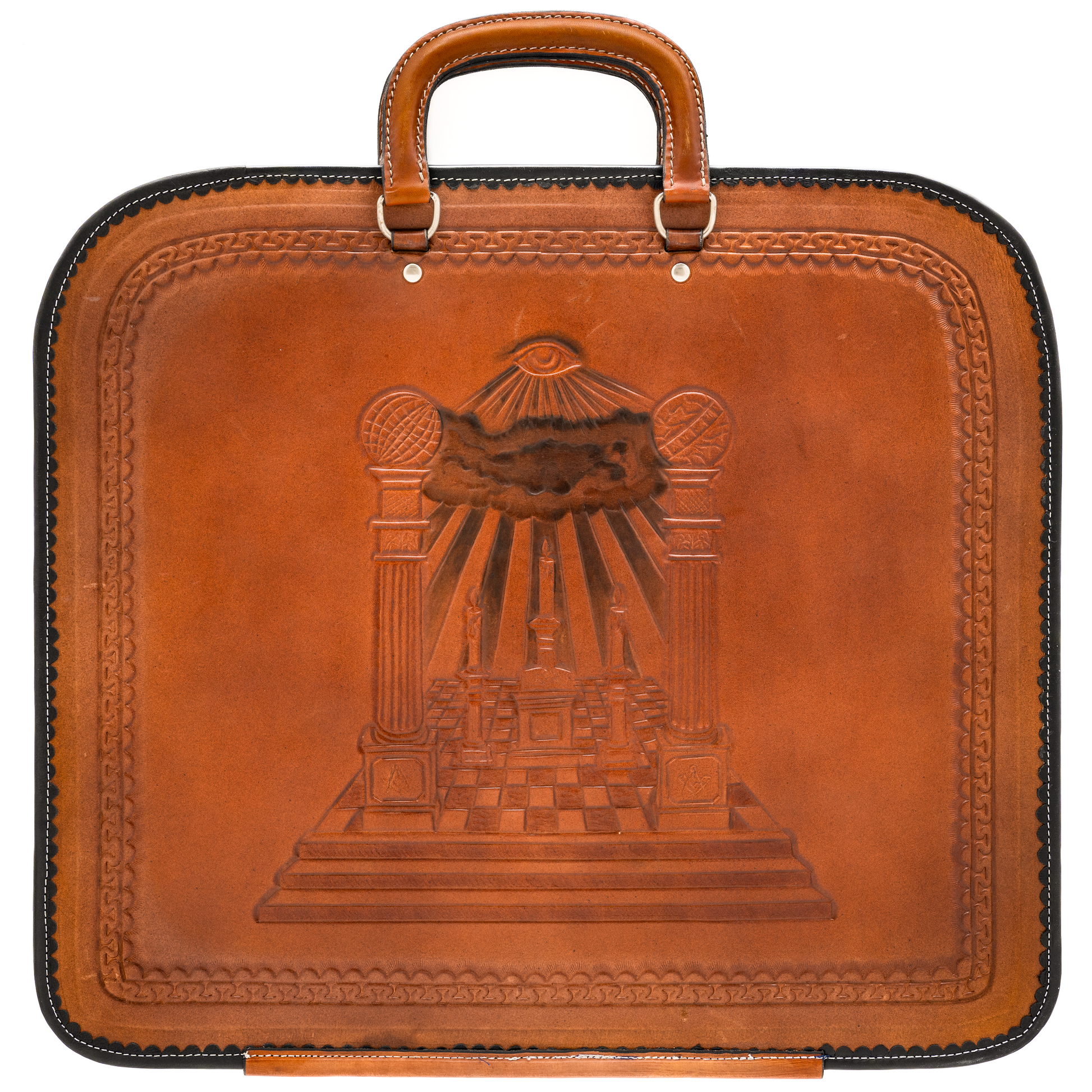 Hand-tooled brown leather Masonic apron case with Boaz & Jachin Columns, three candles, Masonic altar, and all-seeing-eye