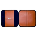 Interior of brown leather Masonic apron case with blue velvet lining and dedicated compartments for apron, chain collar, gloves and Masonic jewel.