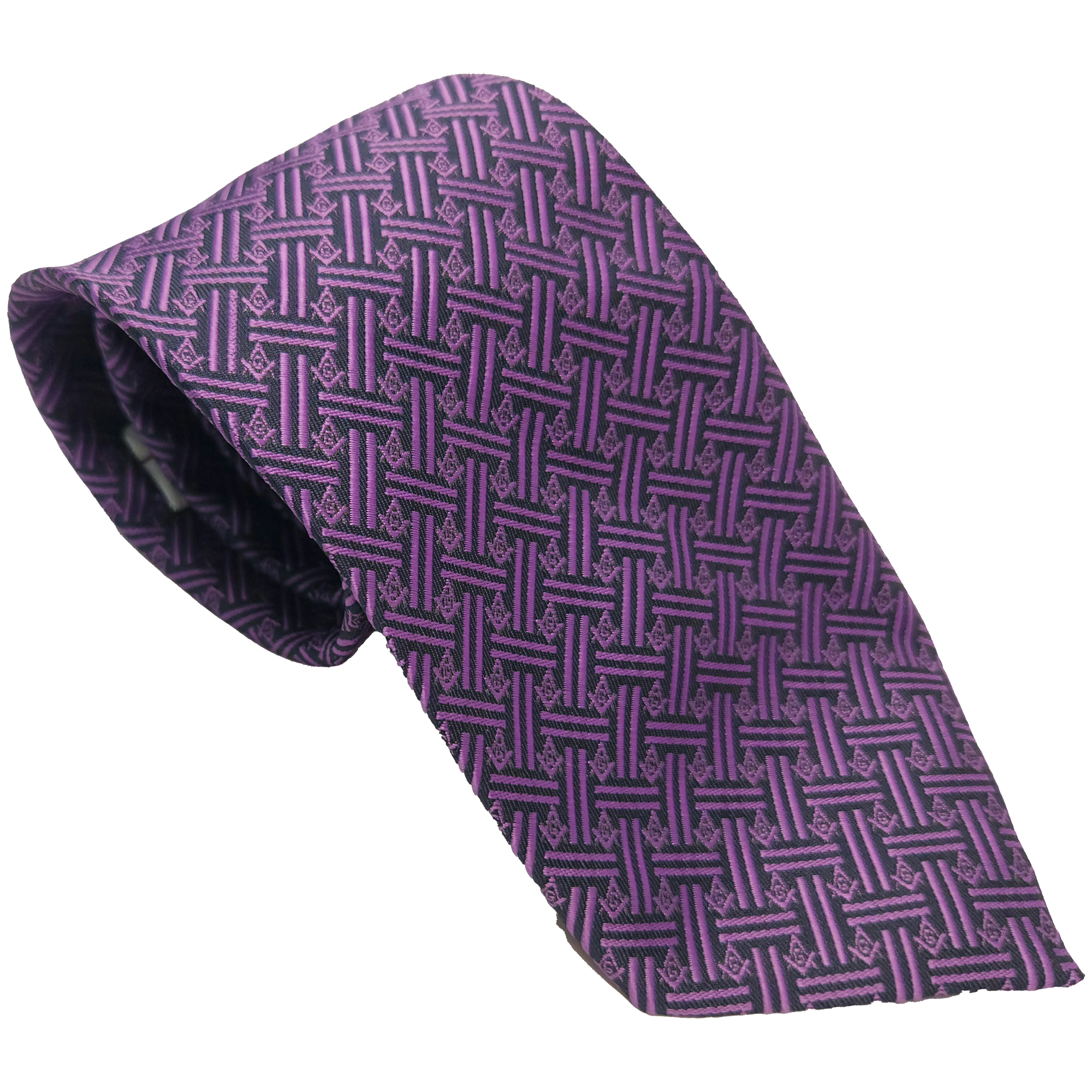 Purple Masonic tie with Square & Compass lattice pattern, premium fabric, and subtle geometric design for lodge meetings, grand lodge sessions, ceremonies, and Masonic events