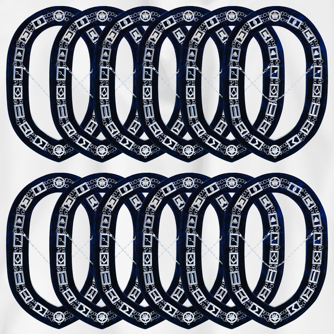 Blue Lodge Masonic Officers Complete Set — Royal Blue Aprons, Chain Collars & Silver Jewels (Set of 11)