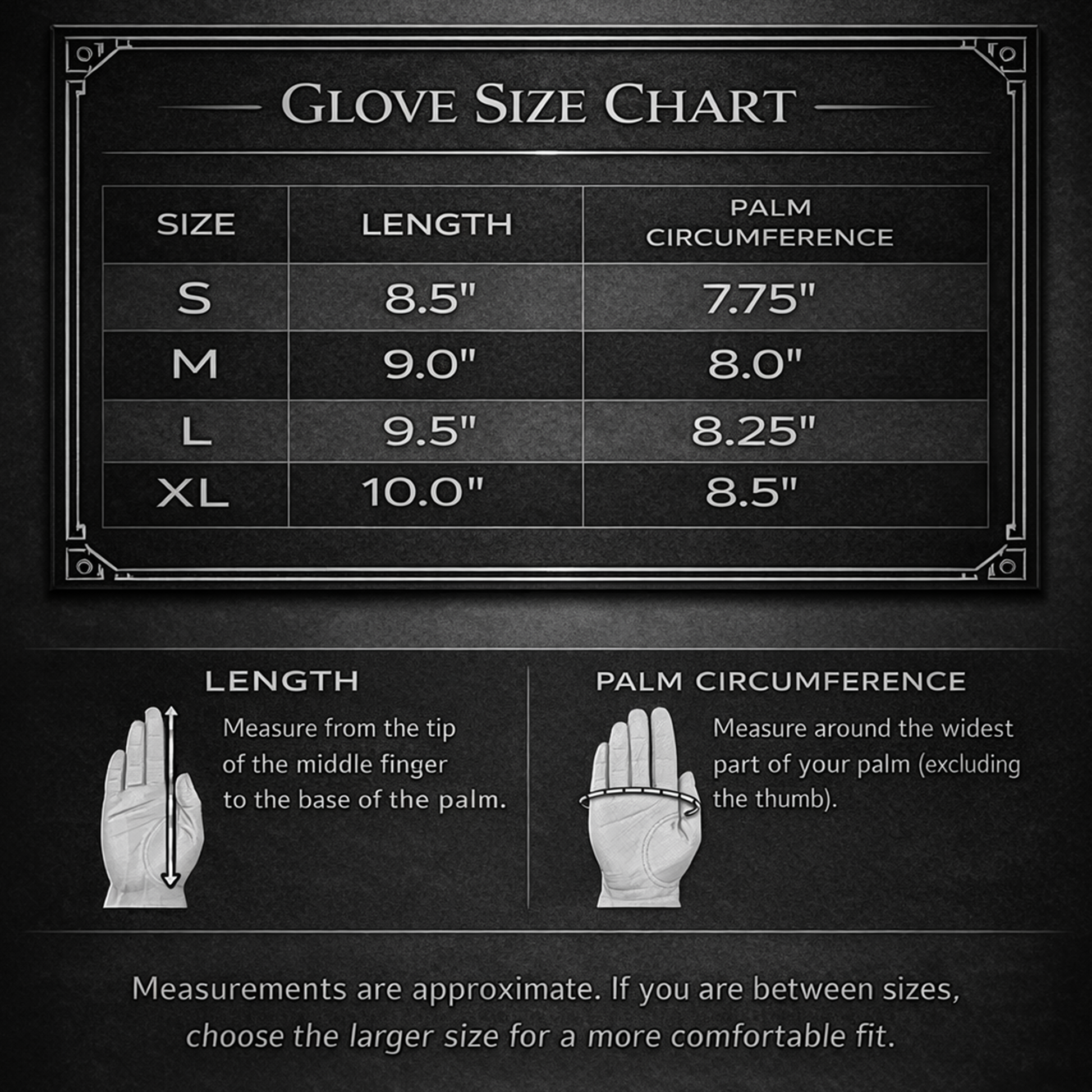 White Masonic gloves size chart with length and palm measurements.